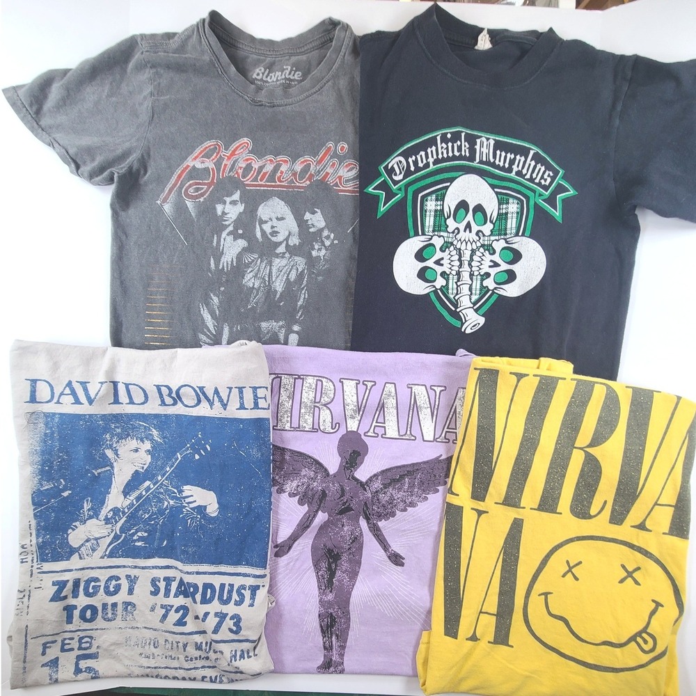 Lot of 5 Mens Band T Shirt XS Nirvana David Bowie Blondie Rock Grunge Crew Neck